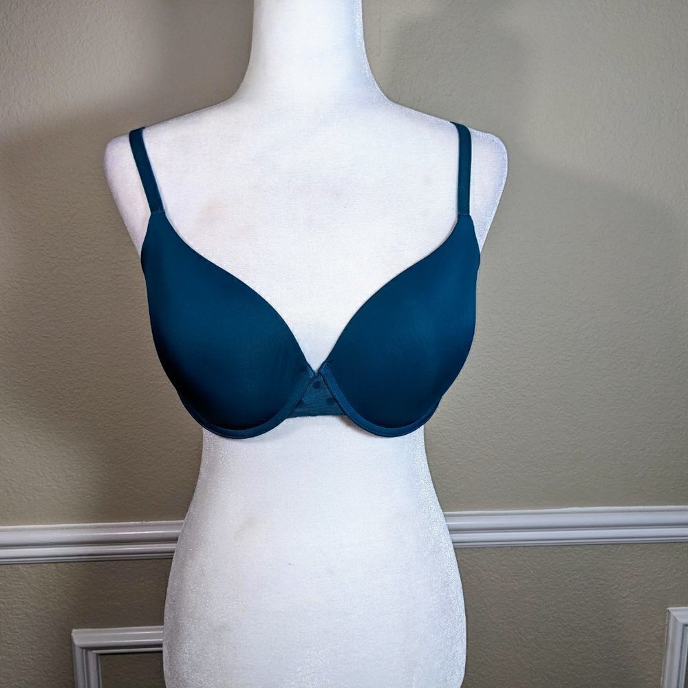 VS Uplift Semi Demi Teal Blue Polka Dot Mesh Band Bra 34DD(E)